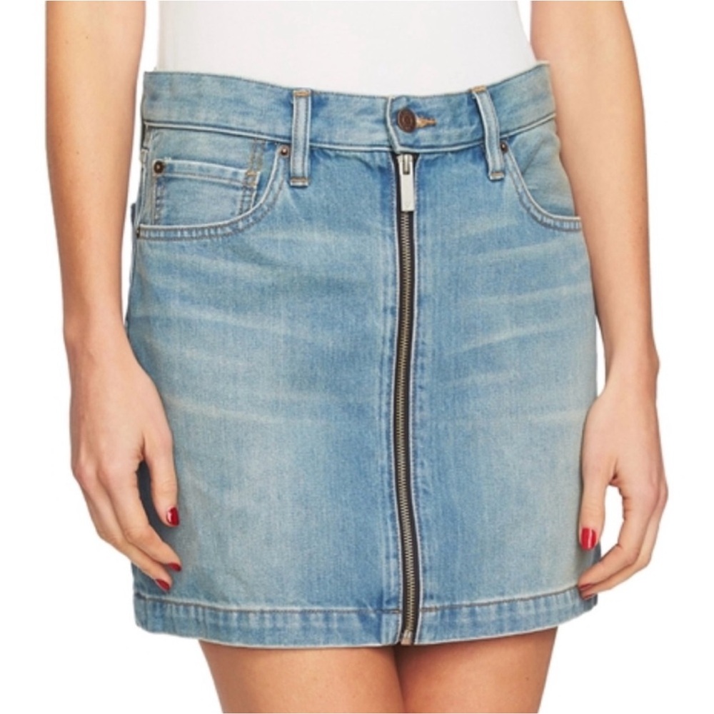 1. State Light Blue Denim Zip Front A Line Jean Skirt, 12